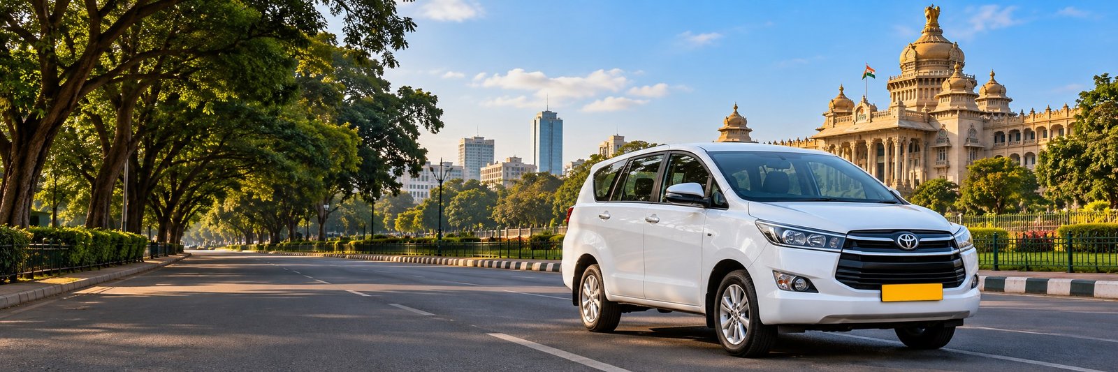 White SUV taxi on a Bangalore road beside Vidhana Soudha
