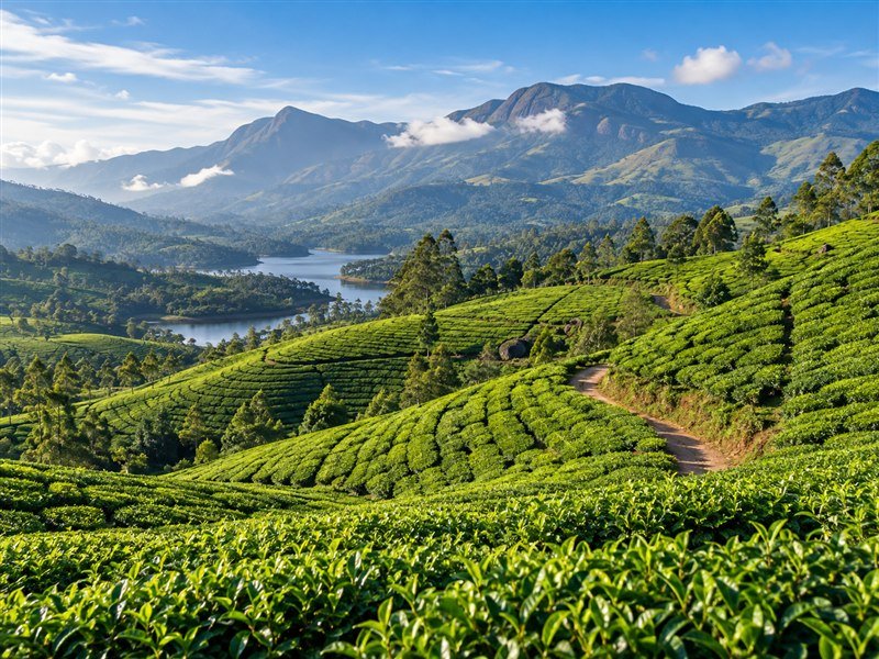 Rolling tea plantations and green hills in Munnar