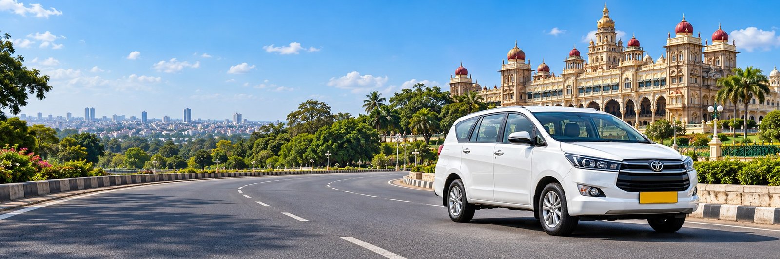 White one-way taxi on a curving road with Mysore Palace in the background