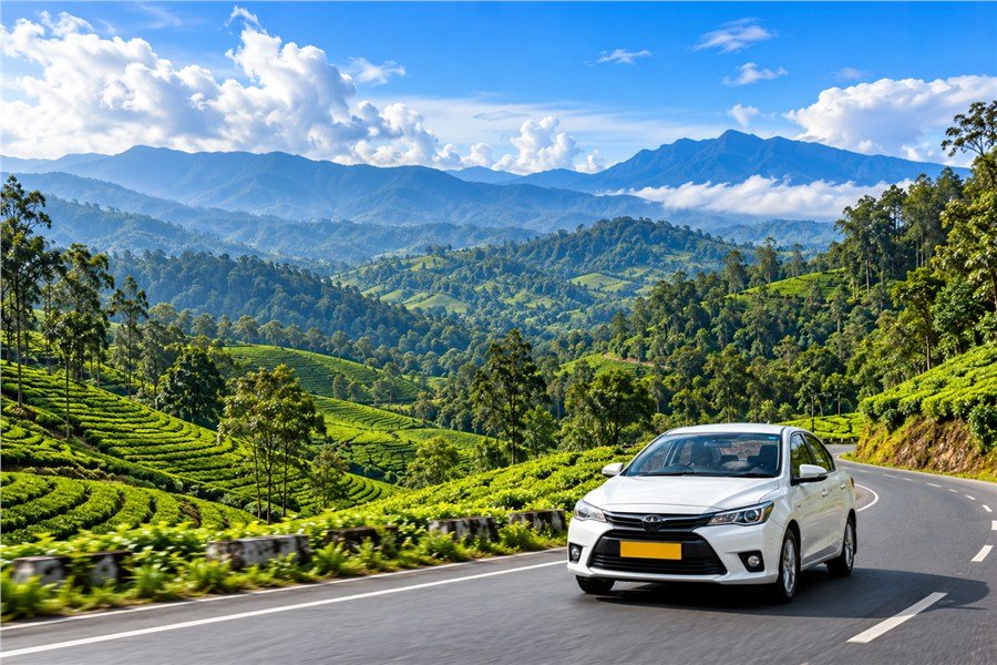 White taxi on a scenic road through green hills